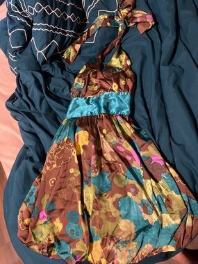 Teal-Brown Floral Halter Dress with Satin Waistband